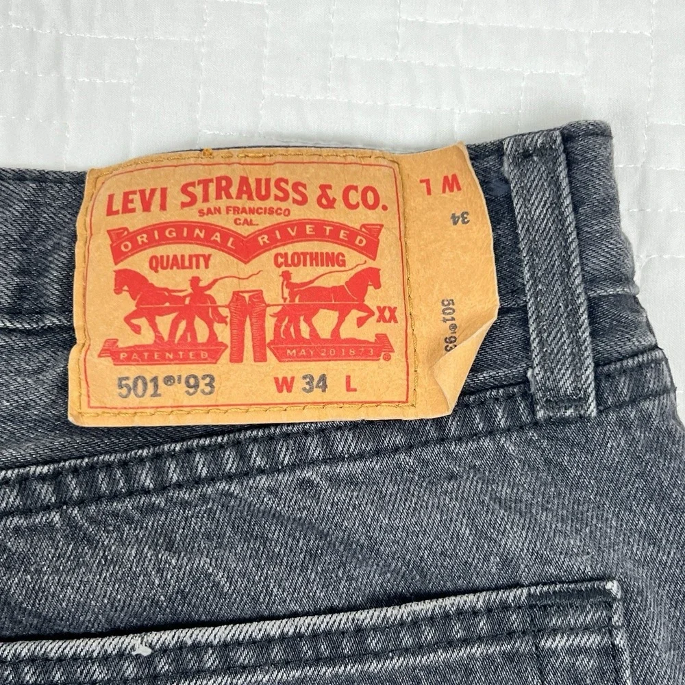 Levi's Premium 501 '93 Jeans Mens 34x29 Black Distressed Cropped Frayed Hem